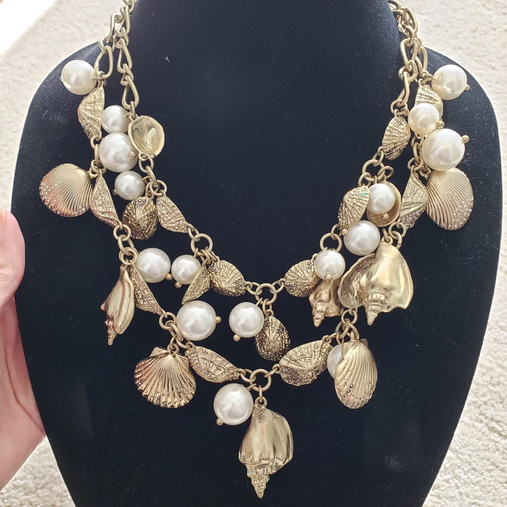 SOLD Talbots Double Layer Gold Shell, Rhinestone and Pearl Necklace - Picture 2 of 8